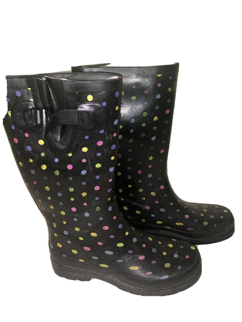 Western Chief Womens Printed Tall, Waterproof Rain Boots, Black w/ Dots Size 6 Western Chief Womens Printed Tall, Waterproof Rain Boots, Black w/ Dots Size 6