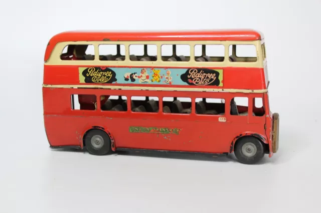 Vintage TRI-ANG MINIC 60M Red Double Decker London Bus Clockwork Tinplate