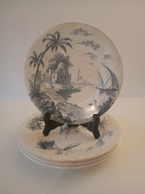 Lot De 4 assiettes Gien modèle "vues d'orient" décor bleu terre de fer