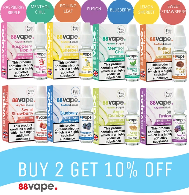 88 VAPE E Liquid 3mg 6mg 11mg 16mg Nicotine All Flavours + NIC salts [10  PACK ] £12.99