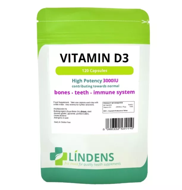 Lindens High Strength 3000iu Vitamin D3 120 Capsules D D-3 Sun Sunshine