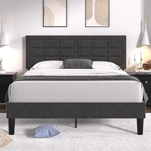 SIZE WITH ADJUSTABLE Headboard, Upholstered Full Linen Fabric & Grey