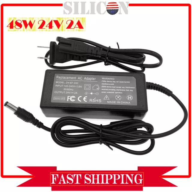 48W 24V DC 2A Power Supply Adapter 100-240V AC Input 24V DC 2Amp Output 5.5mm