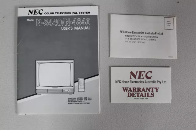 NEC N-3440 / N-4840 USERS MANUAL COLOR TELEVISION PAL SYSTEM book + WARRANTY