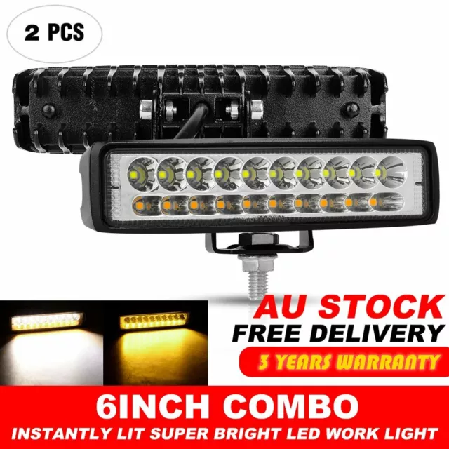 Pair 6" inch Work Lights  Spot Flood LED Light Bar Reverse 4WD White & Amber