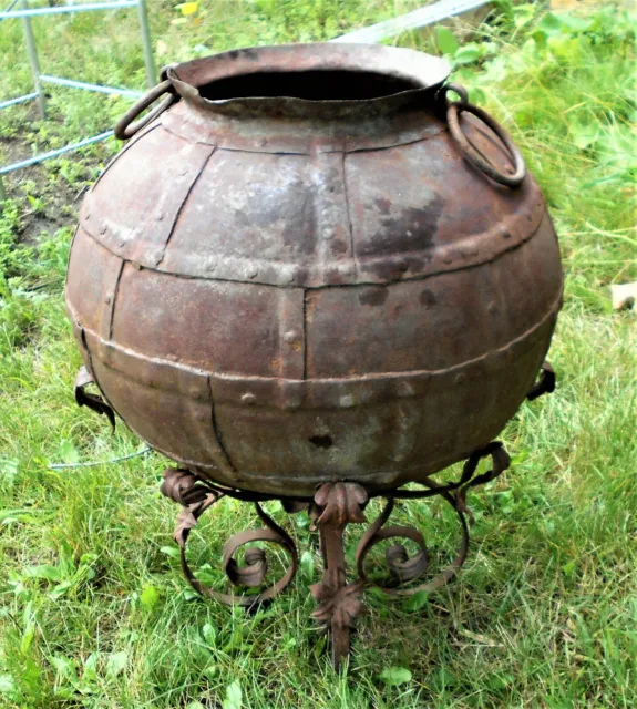 Antique Victorian Large Iron Pot On A Wrought Iron Base