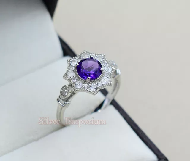 Natürlich 7MM Amethyst Februar Geburtsstein 925 Massiv Silber Verlobungsring