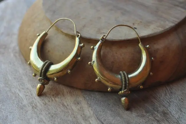 Large Gold Plated Mandala Moroccan Ethnic Tribal Brass Hoops Gypsy Earrings
