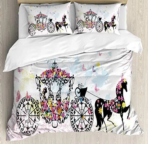 Cartoon Duvet Cover Set, Vintage Floral Carriage Horse and Colorful Flowers