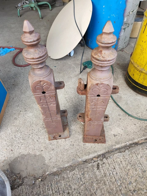 Pair Short Antique Victorian Cast Iron Fence Gate Wall Top Posts Newel Eastlake