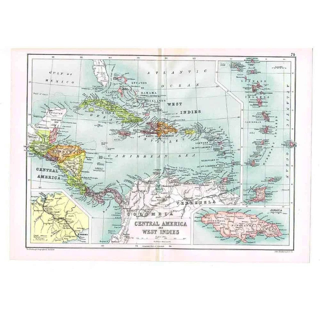 Antique Map 1910 - Central America, Cuba, Haiti, Puerto Rico by Bartholomew
