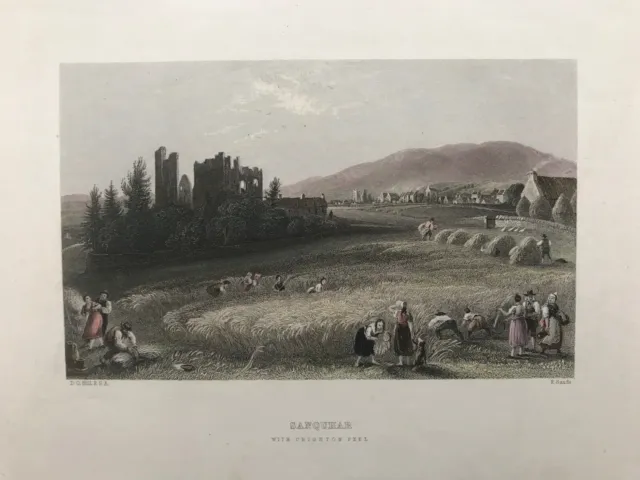 1840 Antique Print; Sanquhar with Crichton Peel, Dumfries after D.O. Hill