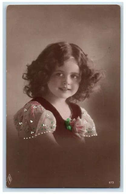 c1910's Cute Girl Curly Hair Studio Portrait RPPC Photo Posted Antique Postcard