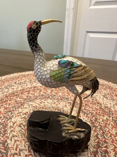 Old Fine Chinese Cloisonne Stork Figurine Enamel Filigree