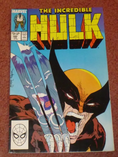 INCREDIBLE HULK #340 - Classic Hulk vs. Wolverine cover  (Marvel, 1988, FN+)