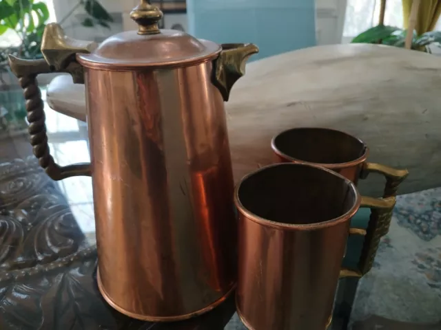 VINTAGE Brass Copper TEA POT and Mugs Handmade Colonial Design