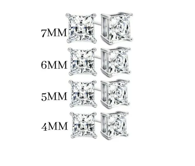 925 Sterling Silver Princess Cut Stud Earrings Cubic Zirconia Silver CZ 4 Sizes