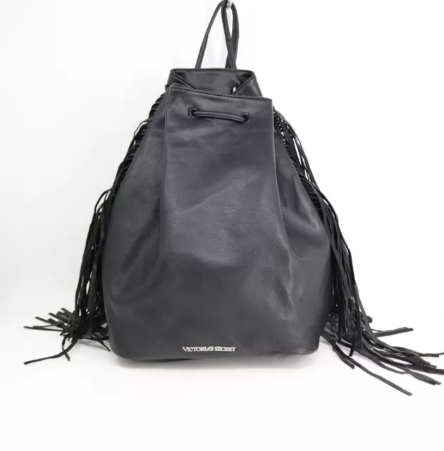 Victorias Secret Backpack Women Black Faux Leather Fringe Purse Shoulder Bag
