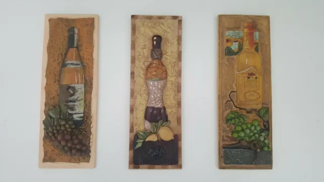 Set Of 3 Tiles Decorated Pictures With Clay Hand Made unique rare find perfect