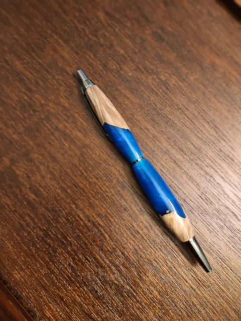 Handmade Blue Resin And Driftwood Pen Click Style Ballpoint Pen