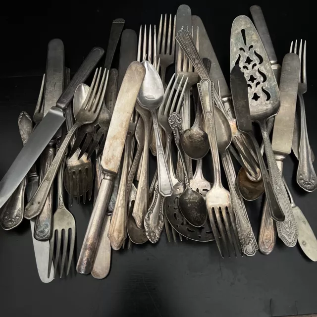 Old Antique Vintage Flatware Nickel Silver Plate Lot of 40 Pieces Various Brands