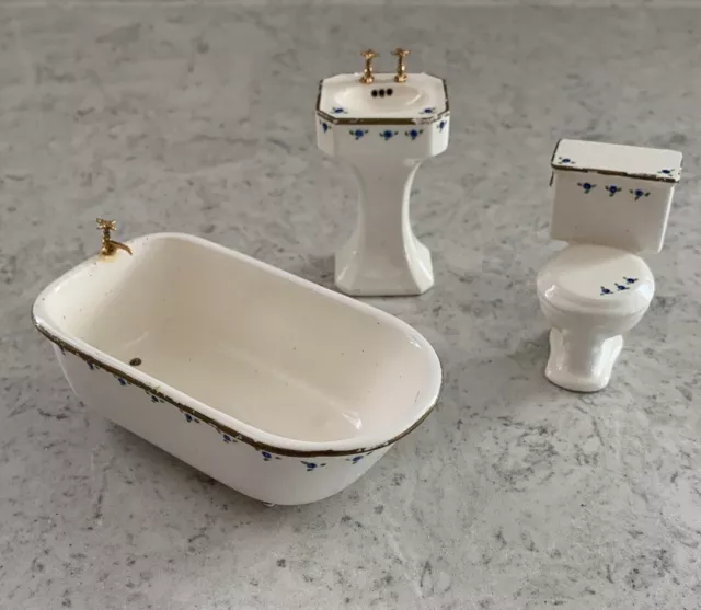 3pc Porcelain Bathroom Set 1:12 Dollhouse Furniture Miniature Tub Sink Toilet
