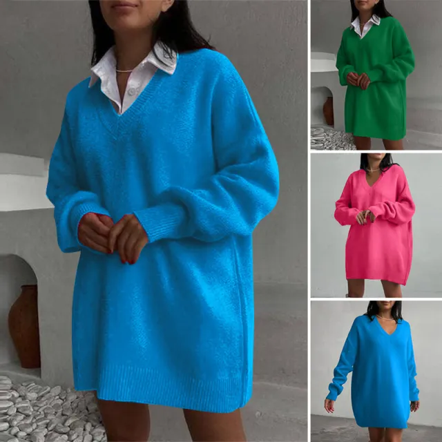 UK Women V Neck Long Sleeve Knitted Sweater Casual Loose Jumper Mini Dress Plus