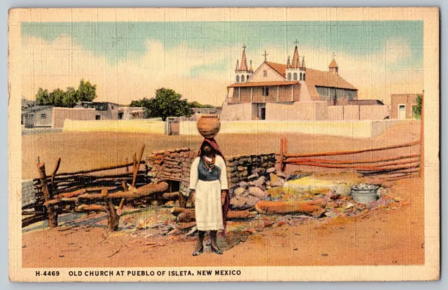 New Mexico NM - Old Church at Pueblo of Isleta - Vintage Postcards - Posted