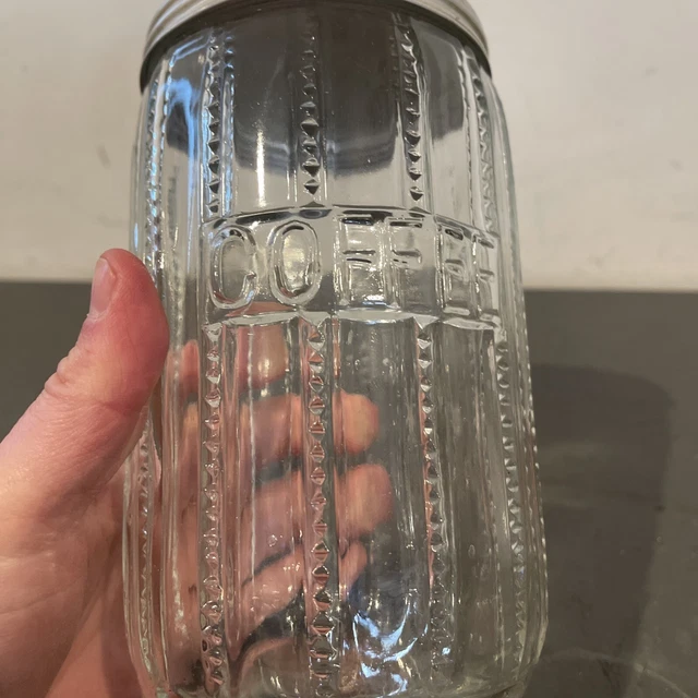 VTG Hoosier Style Ribbed Glass Embossed Coffee Canister Jar with Aluminum Lid 3