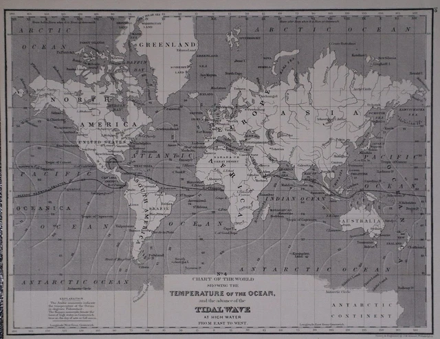 1878 Mitchell's School Atlas Map ~ TIDAL WAVE & OCEAN TEMPERATURE of the WORLD