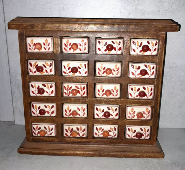 STUNNING VINTAGE SMALL WOODEN SPICE RACK CABINET WITH HANDPAINTED DRAWERS, 10" x