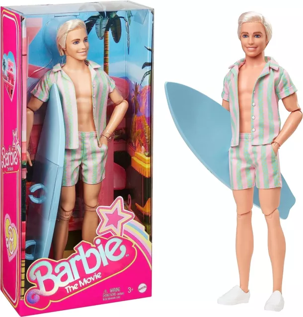 KEN BARBIE LE FILM - POUPÉE MANNEQUIN LOOK PLAGE avec PLANCHE DE SURF - NEUF