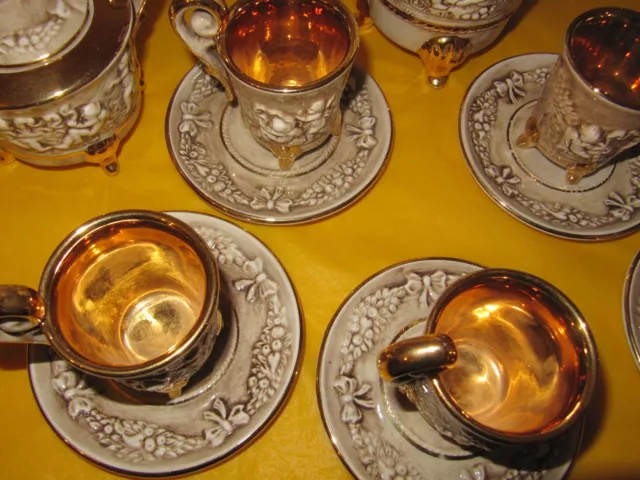 ANTIQUE CAPODIMONTE COFFEE SET (5 cups&saucers) 22K GOLD, ~small chips to pot~ 3