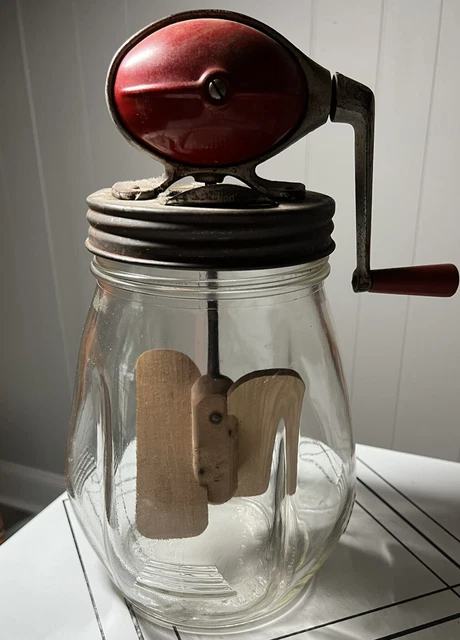 Vintage Dazey Butter Churn #4 Red Football Top 4 Quart Tulip Jar Wood Paddle