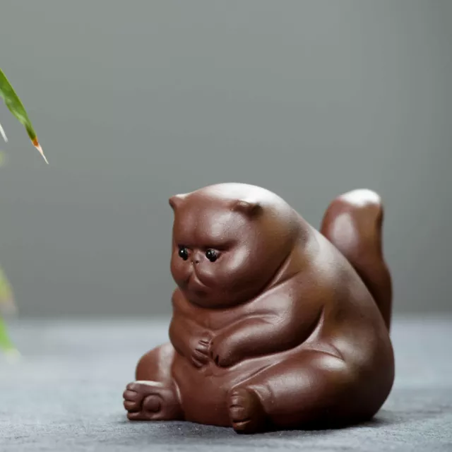 Rare Chinese Yixing Zisha Pottery Porcelain Small Fat Cat Wealth Tea Pet Statue