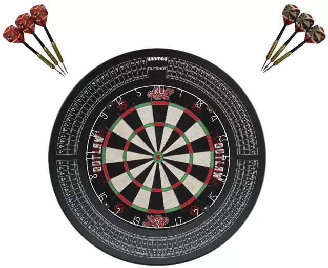 SHOT DARTS Outlaw Bristle Dart board + Winmau OUTSHOT Dartboard Surround Gift