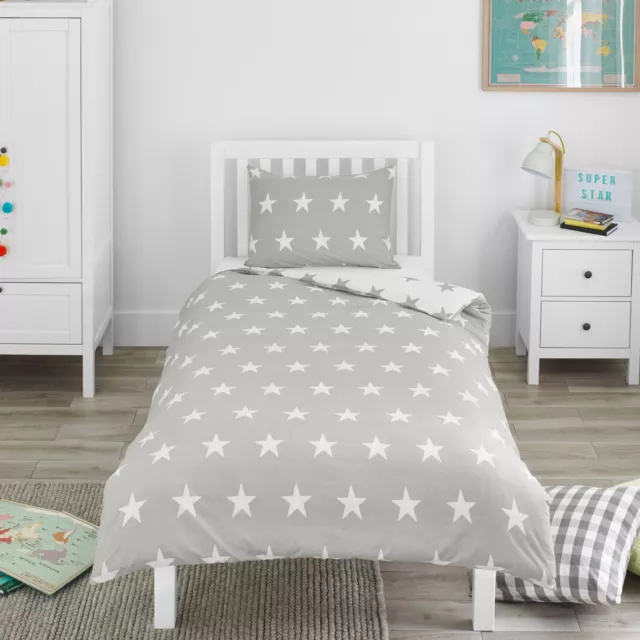 Duvet & Pillowcase Set Reversible Grey & White Stars Boys Girls Kids Bed Bedding