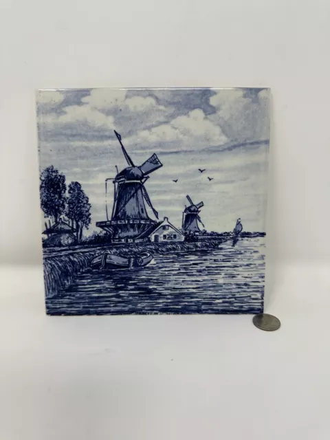 Delft Vintage White Blue Holland Hand Painted Ceramic Delft Tile Windmill 6”