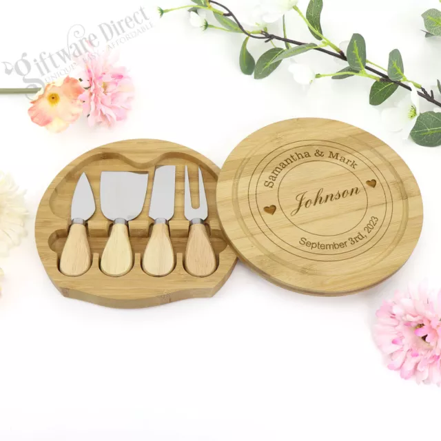 Personalised Engraved Round Cheese Board with Utensils Wooden Wedding Gift Bride