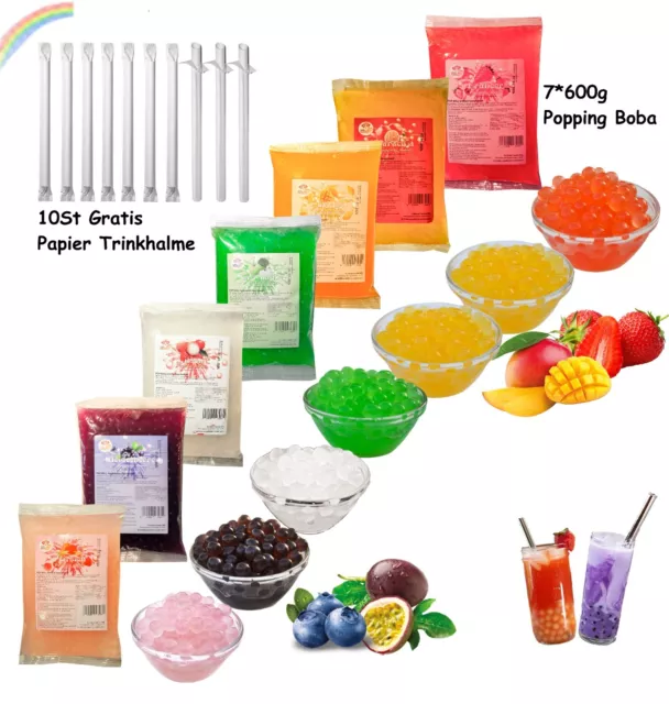 Bubble Tea DIY Set 6*600g Popping Boba +1*3kg Boba+10*Gratis Einweg Trinkhalme