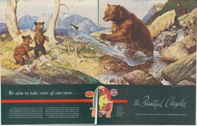 1948 Chrysler Bear Cubs Salmon Fishing Service Stream Vintage Print Ad SP14