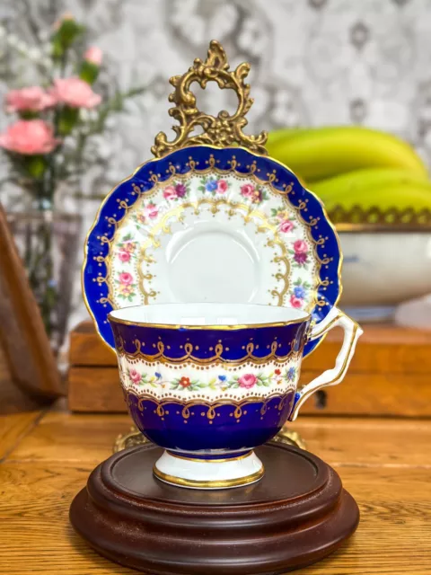 Vintage Aynsley Cobalt Blue White And Gold Multi Floral Cup And Saucer C1930s