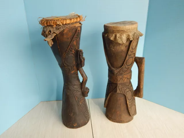 Pair of Carved Kundu Ceremonial Drums Papua New Guinea 18" Tall