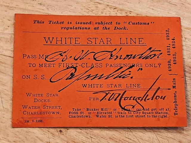 Antique White Star Line Ship Boarding pass ticket