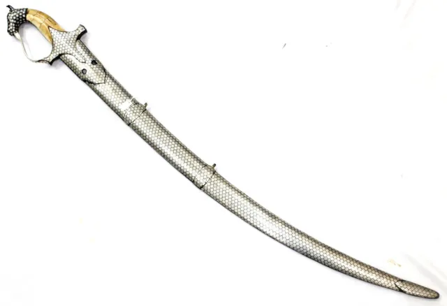 Sword Damascus Steel Blade Pure Silver Koftgari Inlay Bone Horse Handle H632