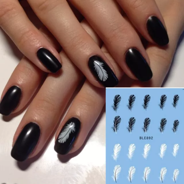 Manicura Adhesivos Decoración Negro Blanco PLUMAS Esmalte en gel (892)