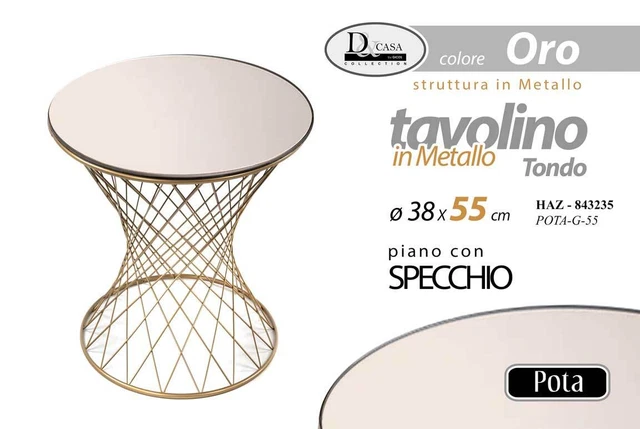 Tavolino Decorativo Stile Art Deco - In Metallo Oro E Vetro Di Sicurezza, Diametro 38 Cm