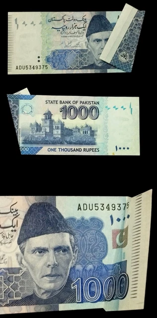 Pakistan 1000,Rupes Error With Cut Paper & Right Side Extra Large Paper Note Unc