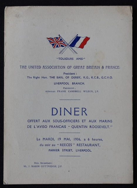Menu 19 mai 1936 aviso Quentin Roosevelt Marine  Nationale Liverpool