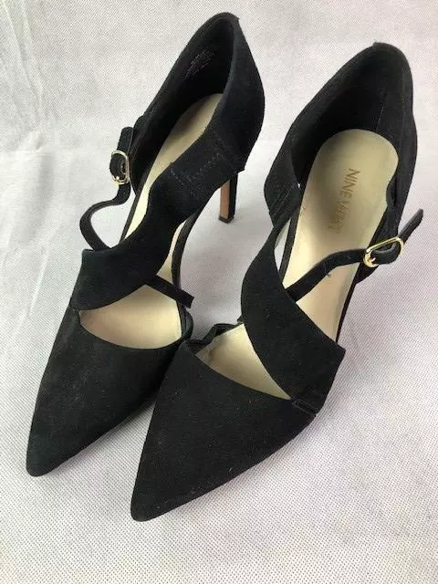 Nine West Chillice Black Suede Ankle Strap Pointed Toe Pumps 9.5M Euc